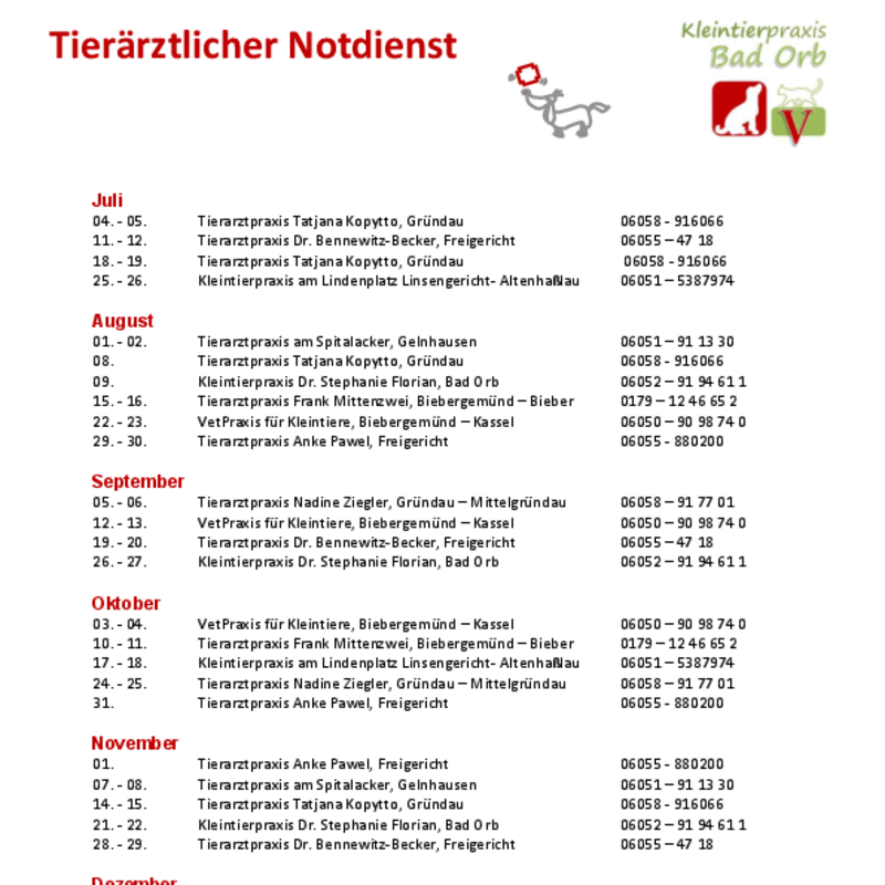 Notdienstplan für das 2. Halbjahr 2026