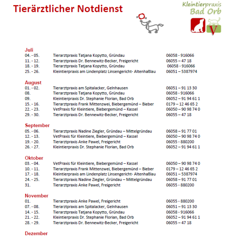 Notdienstplan für das 2. Halbjahr 2026
